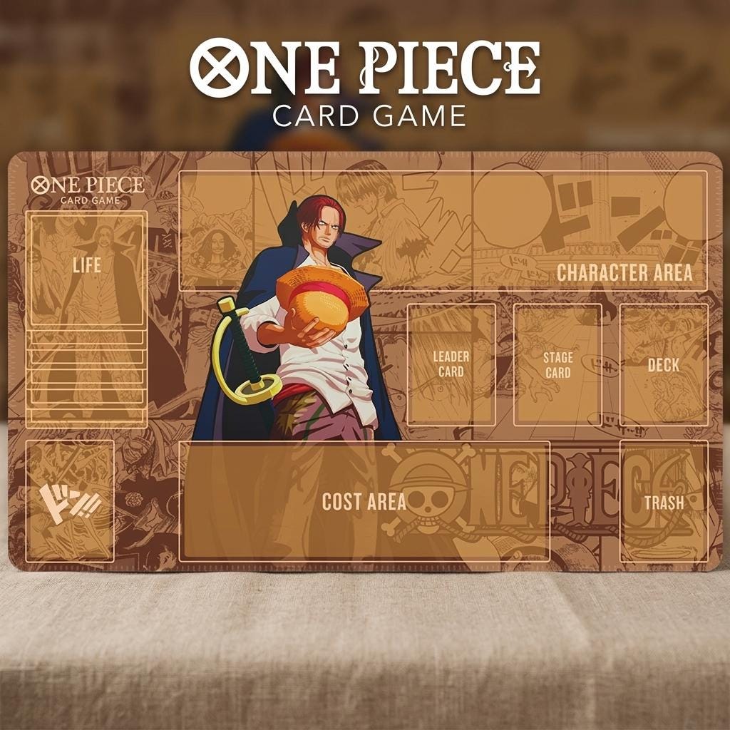 Shanks One Piece TCG Playmat with Card Zones, Red Hair Shanks Anime Gaming Desk Mat, OPTCG Card Game Mat, Manga Panel TCG Mousepad 24x14