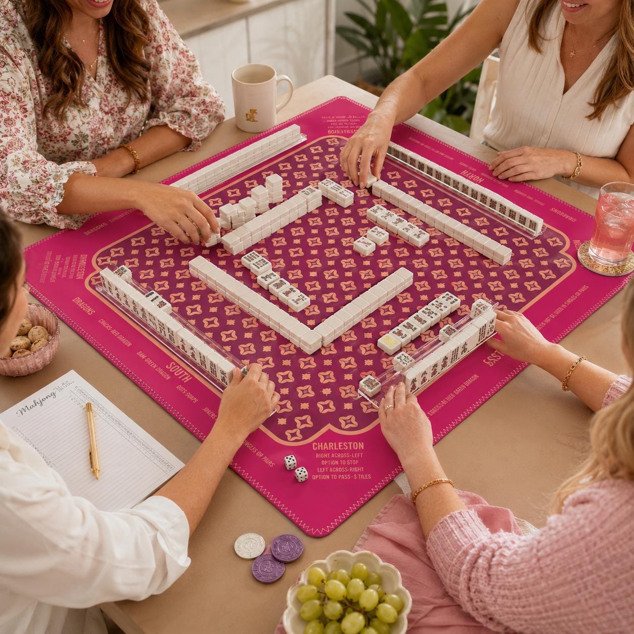 Mahjong Mat with Instructions, Classic Board Game Table Mat with Charleston Rules, Non-Slip Noise Reduction Playing Surface