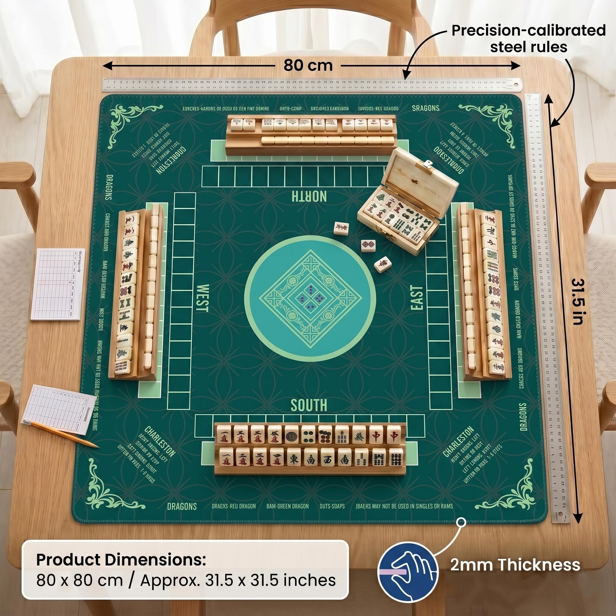 Mahjong Mat with Instructions and Charleston Rules | Elegant Green Board Game Table Protector | Nonslip Mahjong Playmat Gift for Players