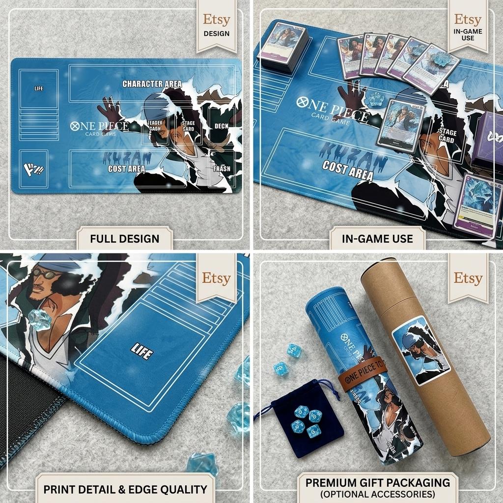 One Piece Card Game Playmat Kuzan Aokiji, Ice Admiral TCG Mat with Zones, Custom Anime Card Mat, One Piece TCG Playmat, Desk Mat Gift