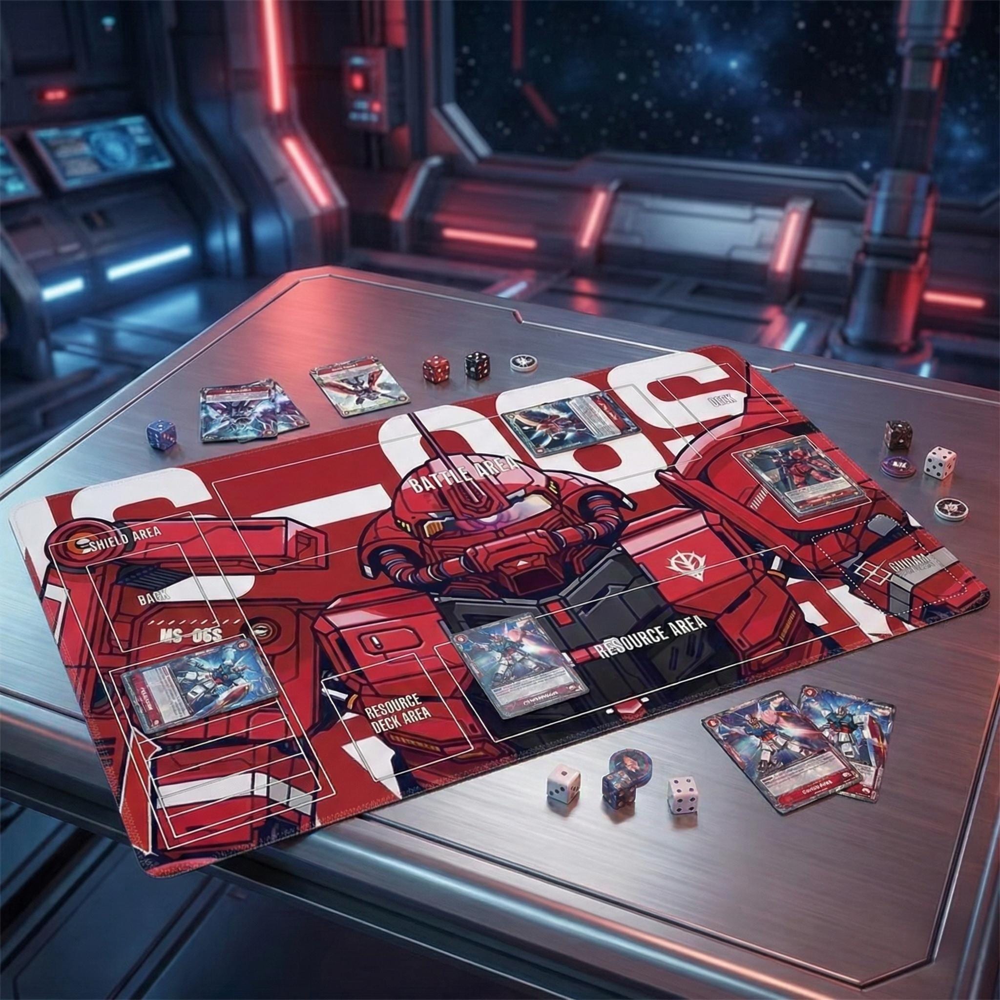 Char's Zaku II Gundam Desk Mat, Anime TCG Playmat with Zones, Mecha Card Game Pad, Large Keyboard Mouse Pad, Trading Card Mat, Gamer Gift