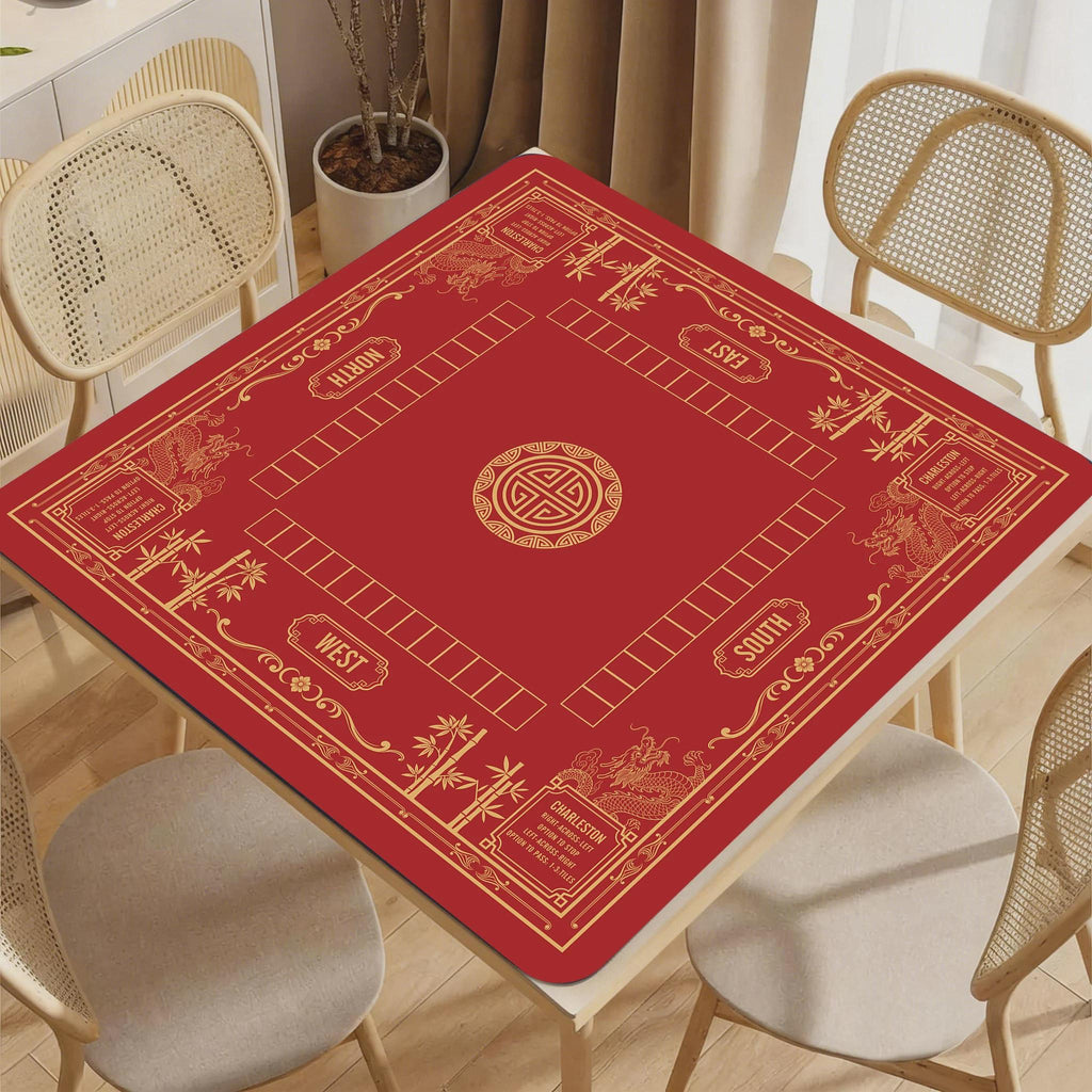 Luxury Dragon & Bamboo Mahjong Playmat | Navy and Gold Professional Table Protector | Unique Mahjong Gift with Charleston Rules Reference