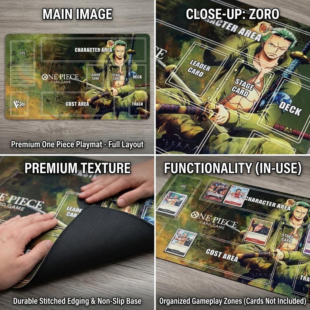 One Piece Card Game Playmat Roronoa Zoro, TCG Playmat with Zones, Custom Anime Playmat, Desk Mat, Zoro TCG Mat, Gift for Gamer