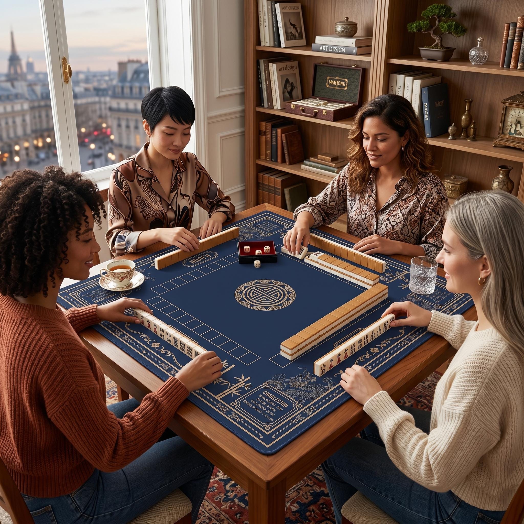 Luxury Dragon & Bamboo Mahjong Playmat | Navy and Gold Professional Table Protector | Unique Mahjong Gift with Charleston Rules Reference