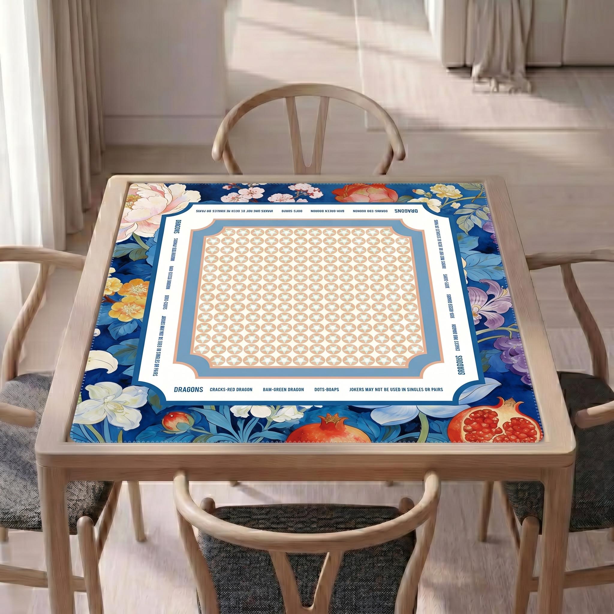 Blue Floral Botanical Mahjong Table Cover | Neoclassical Star Pattern | Mah Jong Game Table Accessory 80x80cm 31.5 x 31.5 in
