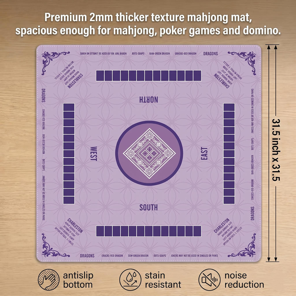 Purple Mahjong Mat with Instructions, Classic Lavender Board Game Table Mat with Charleston Rules, Non-Slip Noise Reduction Playing Surface