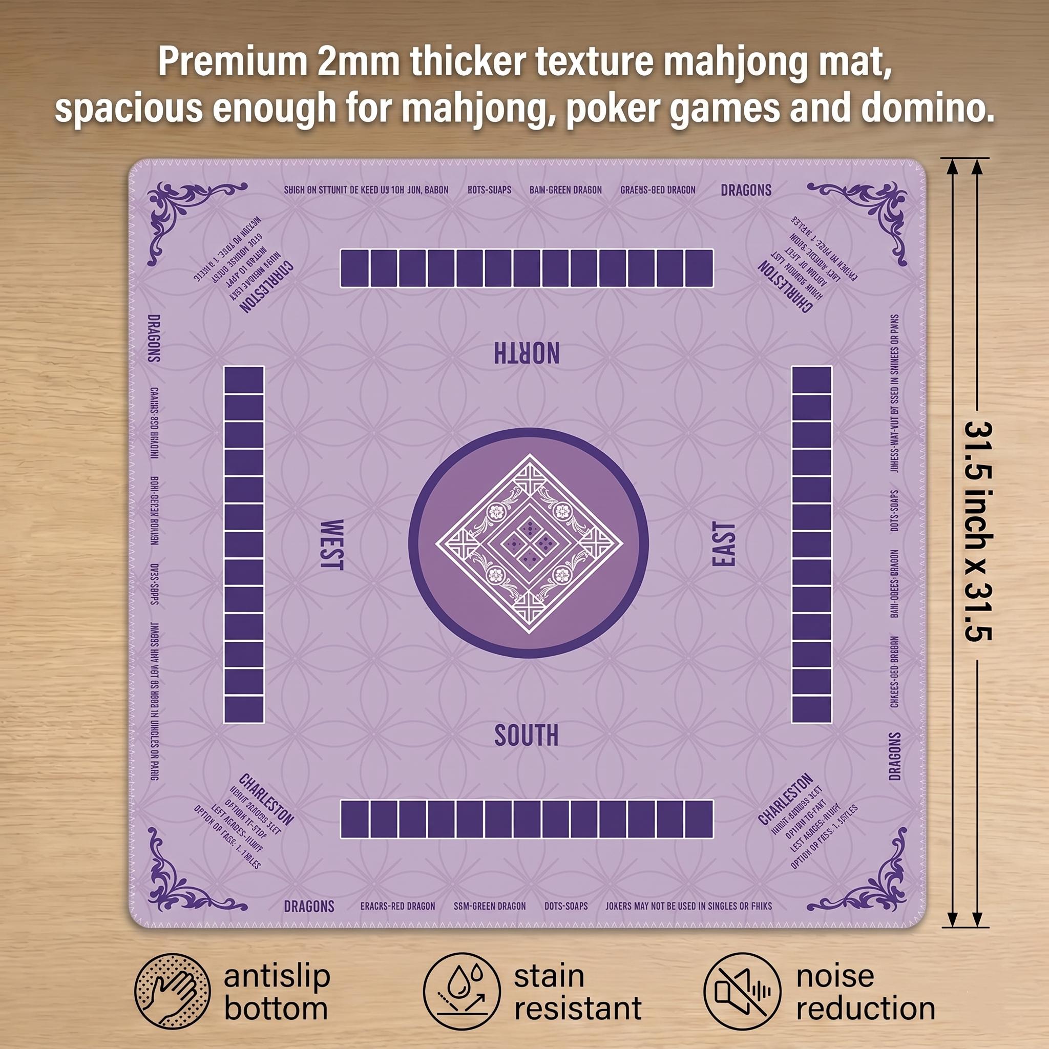 Purple Mahjong Mat with Instructions, Classic Lavender Board Game Table Mat with Charleston Rules, Non-Slip Noise Reduction Playing Surface