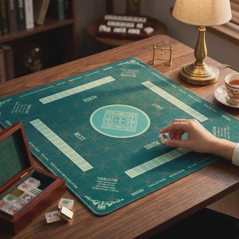 Mahjong Mat with Instructions and Charleston Rules | Elegant Green Board Game Table Protector | Nonslip Mahjong Playmat Gift for Players