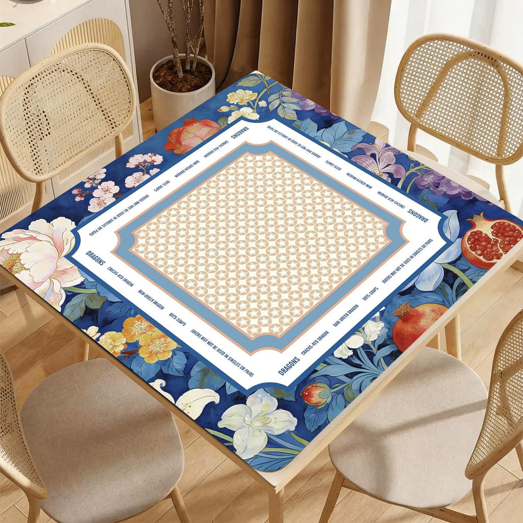 Blue Floral Botanical Mahjong Table Cover | Neoclassical Star Pattern | Mah Jong Game Table Accessory 80x80cm 31.5 x 31.5 in