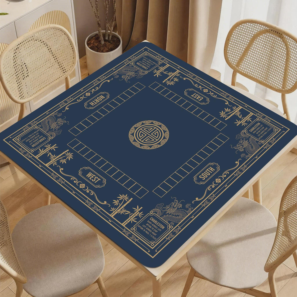 Luxury Dragon & Bamboo Mahjong Playmat | Navy and Gold Professional Table Protector | Unique Mahjong Gift with Charleston Rules Reference