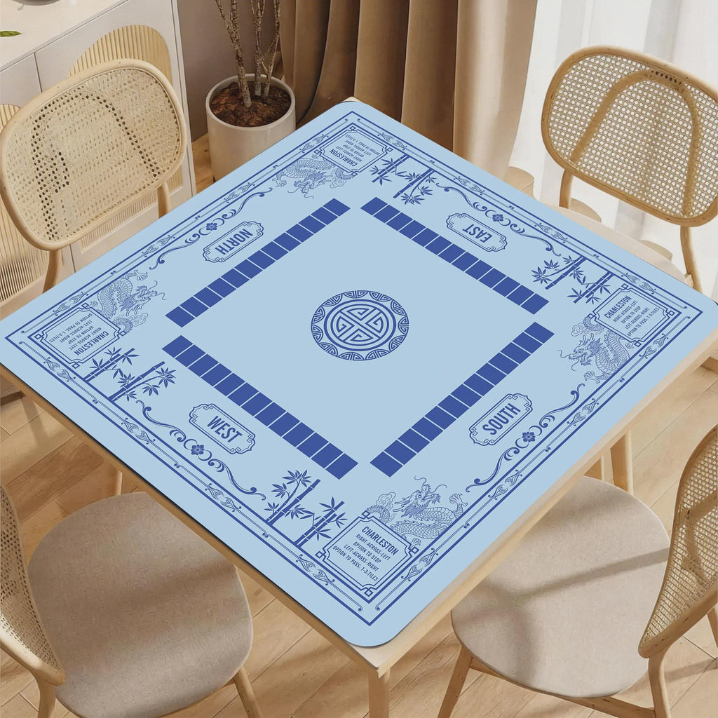Luxury Dragon & Bamboo Mahjong Playmat | Navy and Gold Professional Table Protector | Unique Mahjong Gift with Charleston Rules Reference