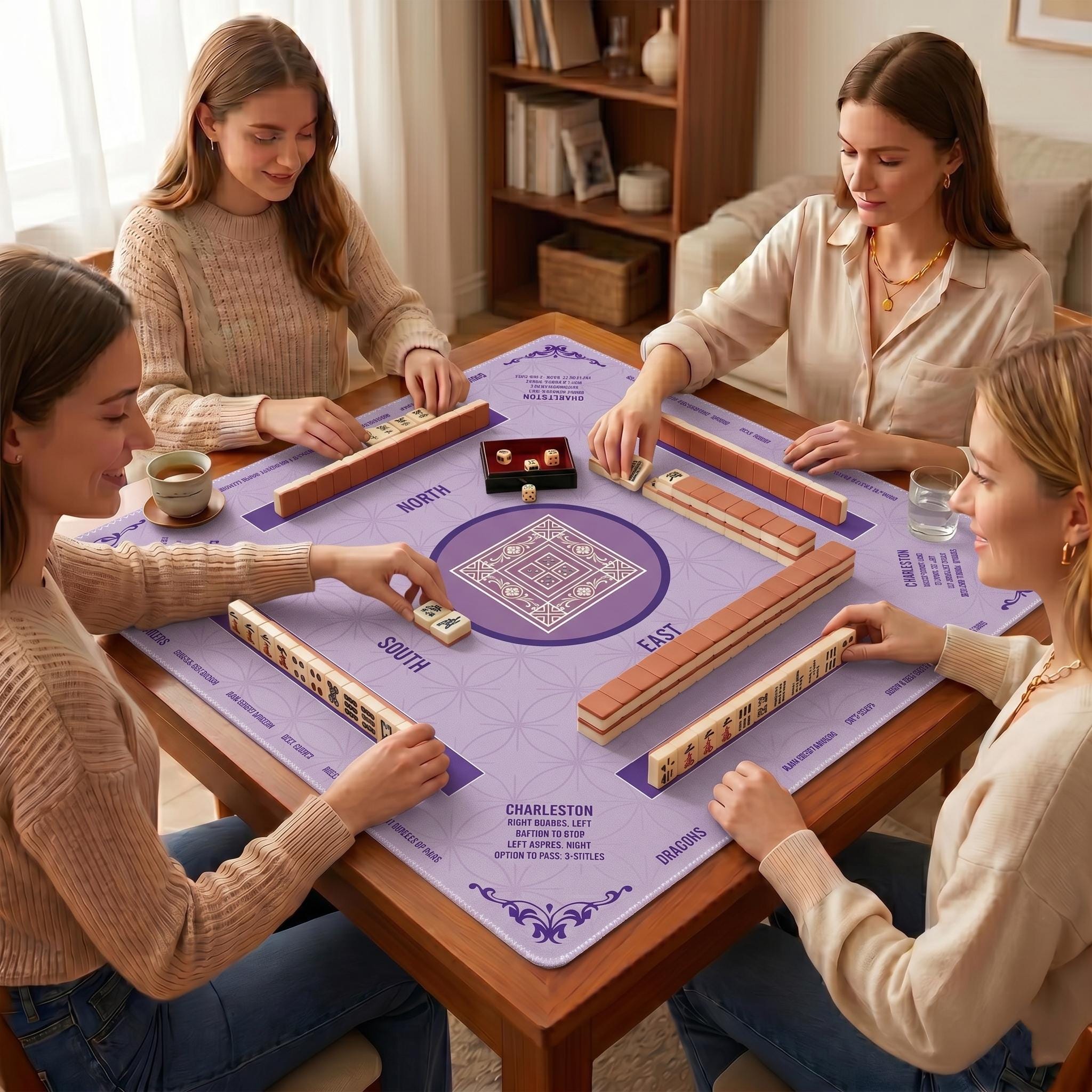Purple Mahjong Mat with Instructions, Classic Lavender Board Game Table Mat with Charleston Rules, Non-Slip Noise Reduction Playing Surface