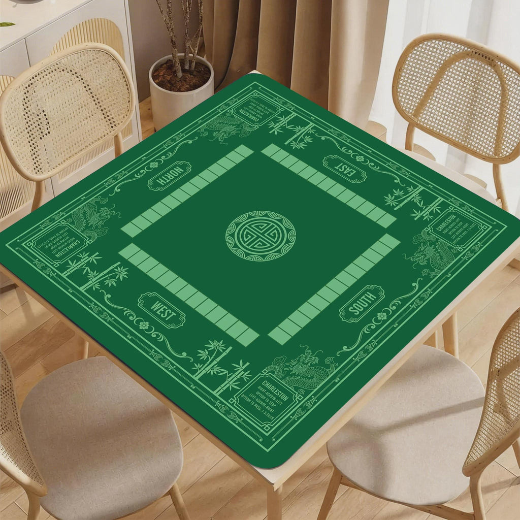 Luxury Dragon & Bamboo Mahjong Playmat | Navy and Gold Professional Table Protector | Unique Mahjong Gift with Charleston Rules Reference