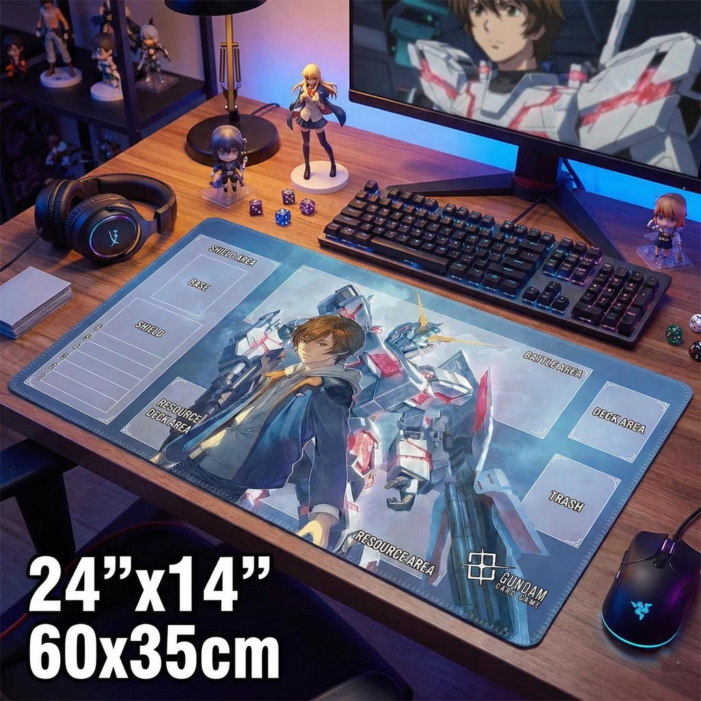 Unicorn Gundam Card Game Playmat with Zones, Banagher Links TCG Play Mat, Anime Desk Mat, Stitched Edge Gaming Mouse Pad 24"X14"