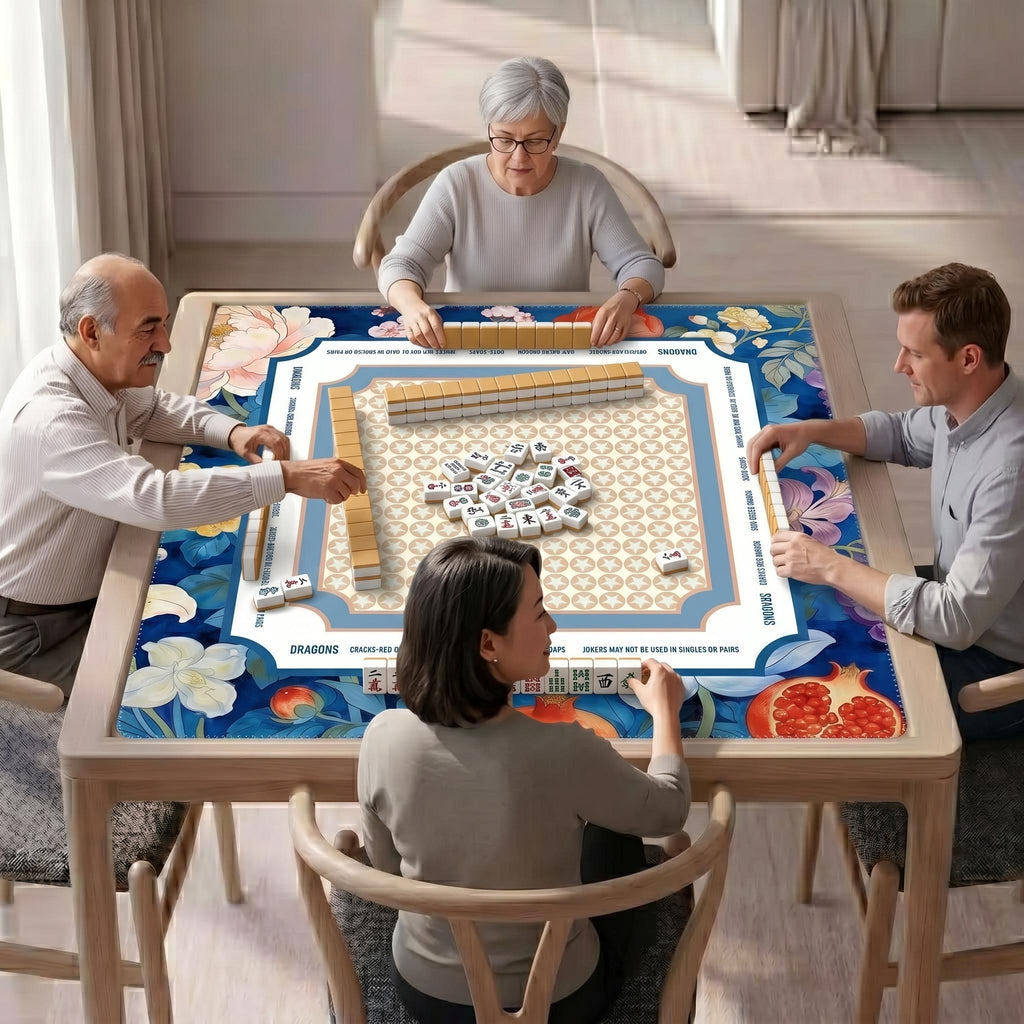 Blue Floral Botanical Mahjong Table Cover | Neoclassical Star Pattern | Mah Jong Game Table Accessory 80x80cm 31.5 x 31.5 in