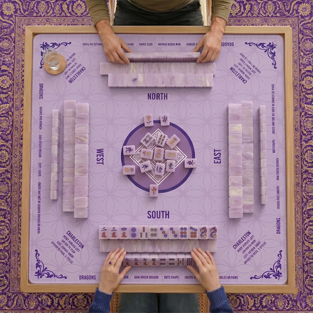 Purple Mahjong Mat with Instructions, Classic Lavender Board Game Table Mat with Charleston Rules, Non-Slip Noise Reduction Playing Surface