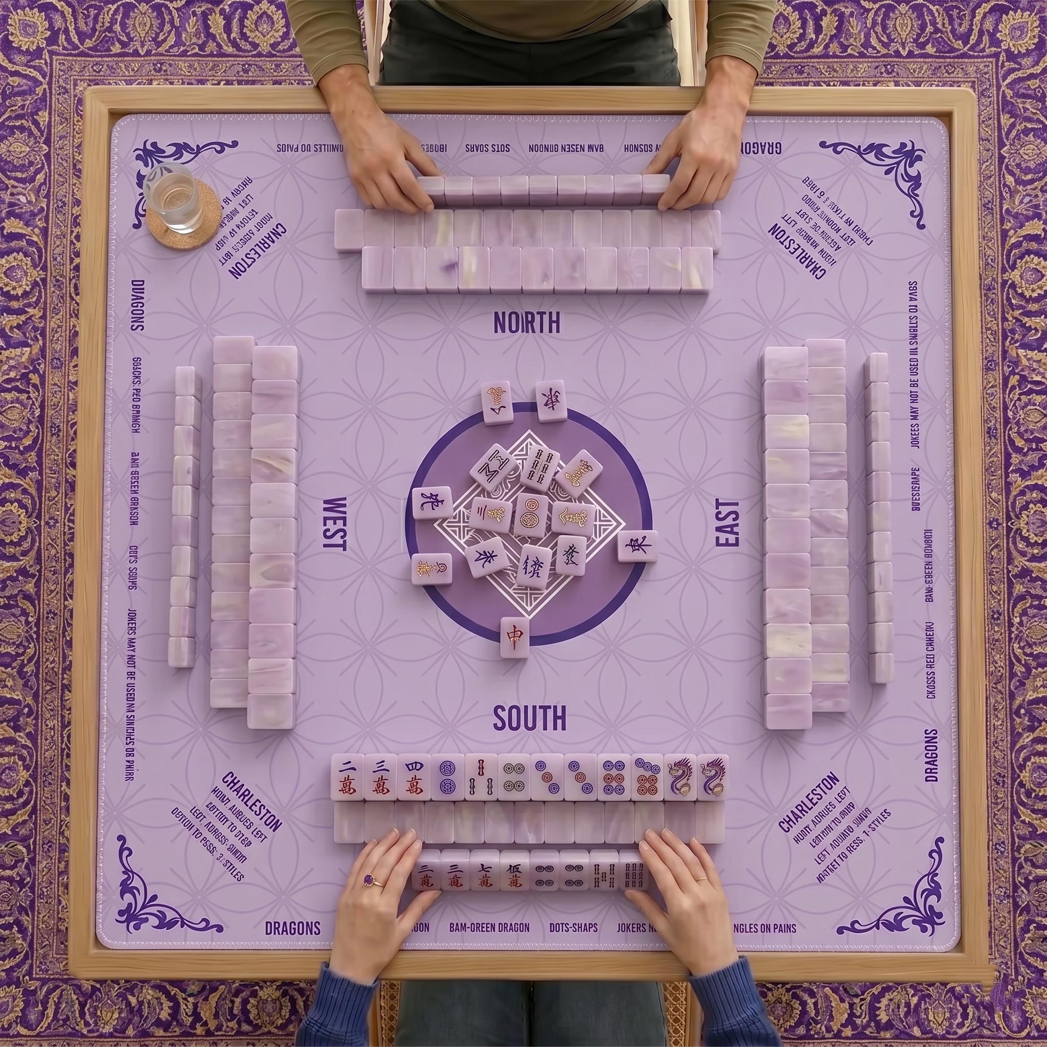Purple Mahjong Mat with Instructions, Classic Lavender Board Game Table Mat with Charleston Rules, Non-Slip Noise Reduction Playing Surface