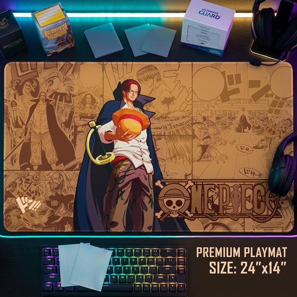 Shanks One Piece TCG Playmat with Card Zones, Red Hair Shanks Anime Gaming Desk Mat, OPTCG Card Game Mat, Manga Panel TCG Mousepad 24x14