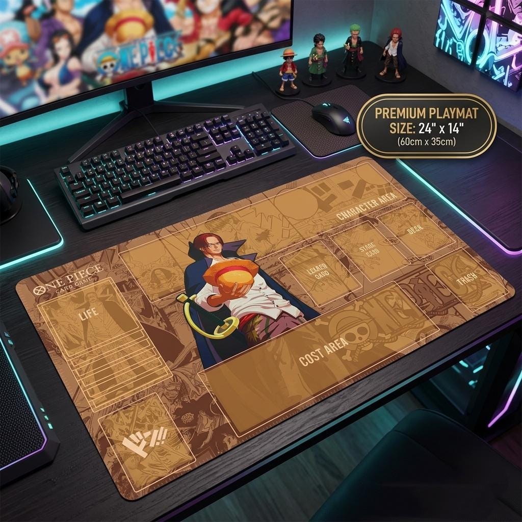 Shanks One Piece TCG Playmat with Card Zones, Red Hair Shanks Anime Gaming Desk Mat, OPTCG Card Game Mat, Manga Panel TCG Mousepad 24x14