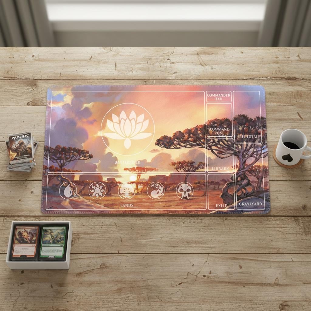 Lotus Flower MTG Mat | Scenic Savanna Art Playmat | 5 Color Mana Zone Layout | Magic The Gathering Commander Surface | TCG Magic