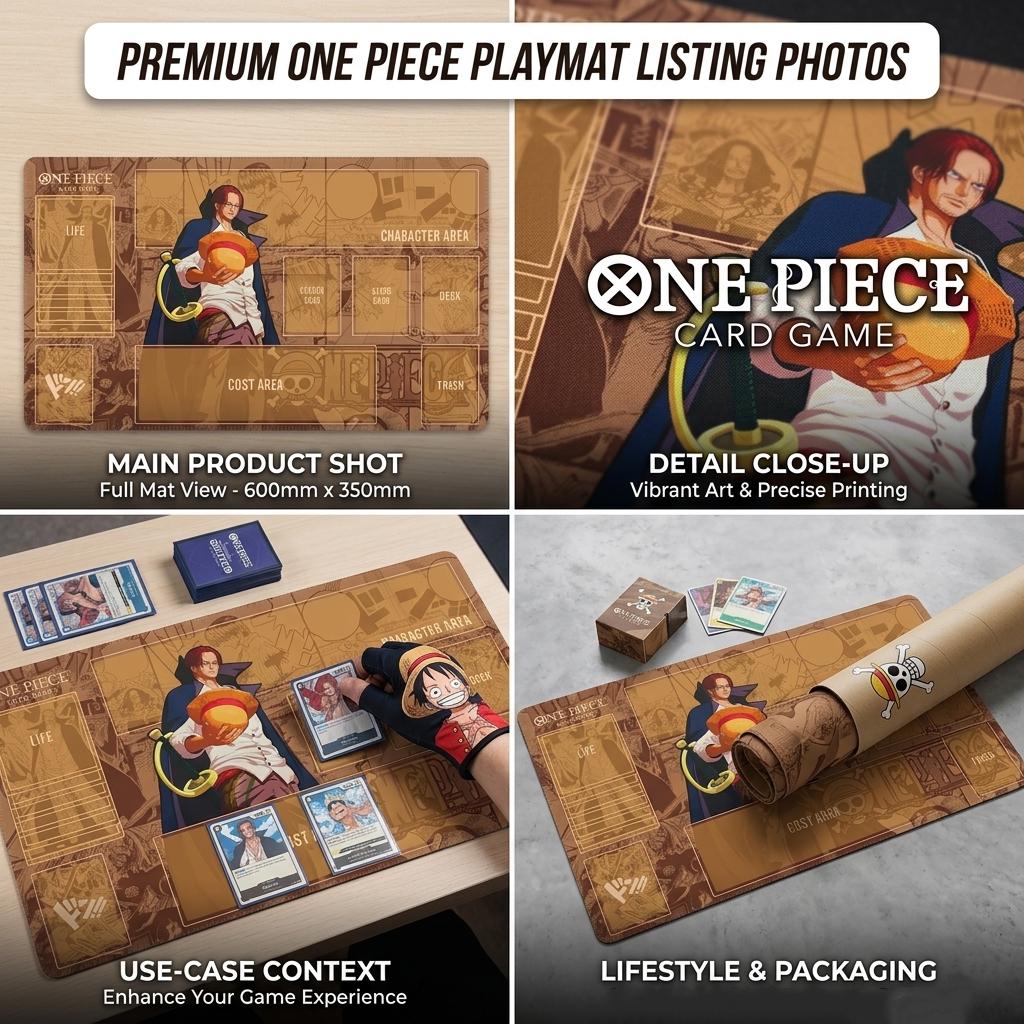 Shanks One Piece TCG Playmat with Card Zones, Red Hair Shanks Anime Gaming Desk Mat, OPTCG Card Game Mat, Manga Panel TCG Mousepad 24x14