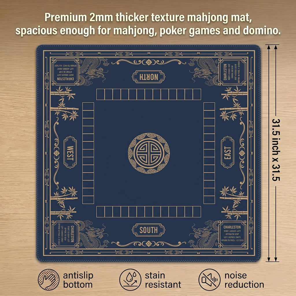 Luxury Dragon & Bamboo Mahjong Playmat | Navy and Gold Professional Table Protector | Unique Mahjong Gift with Charleston Rules Reference