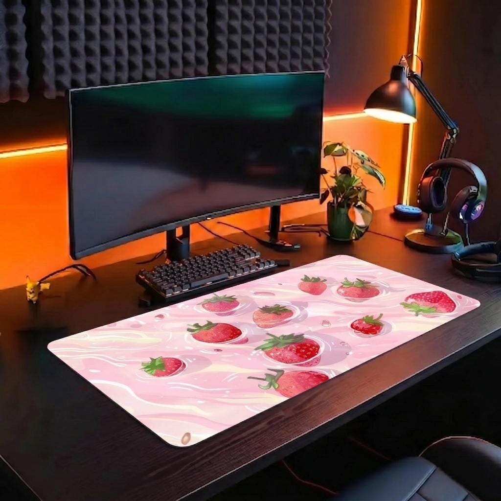 Pink Strawberry Gaming Desk Mat | Mousepads | Gift for her | Available in Multiple Sizes