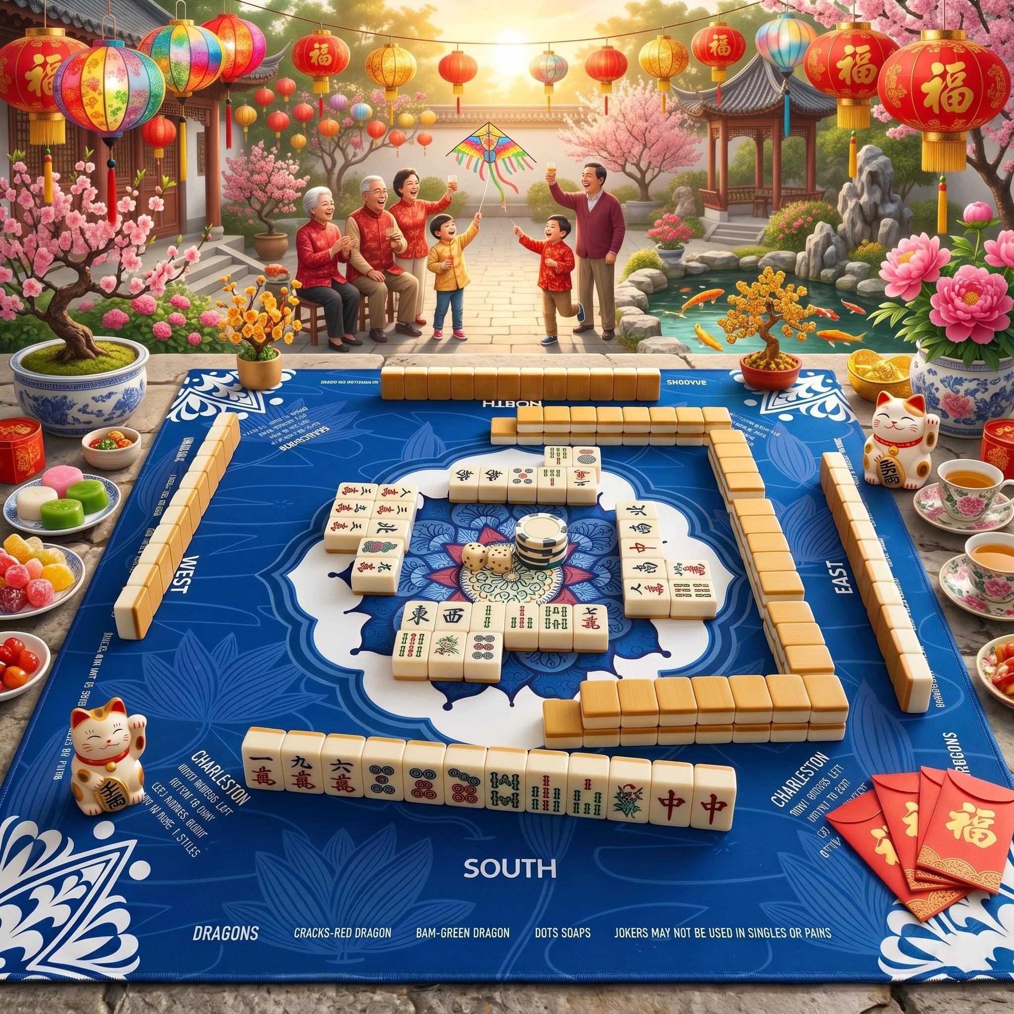 Mandala Mahjong Mat with Instructions, NMJL Play Mat with Charleston Rules, Mahjong Accessories
