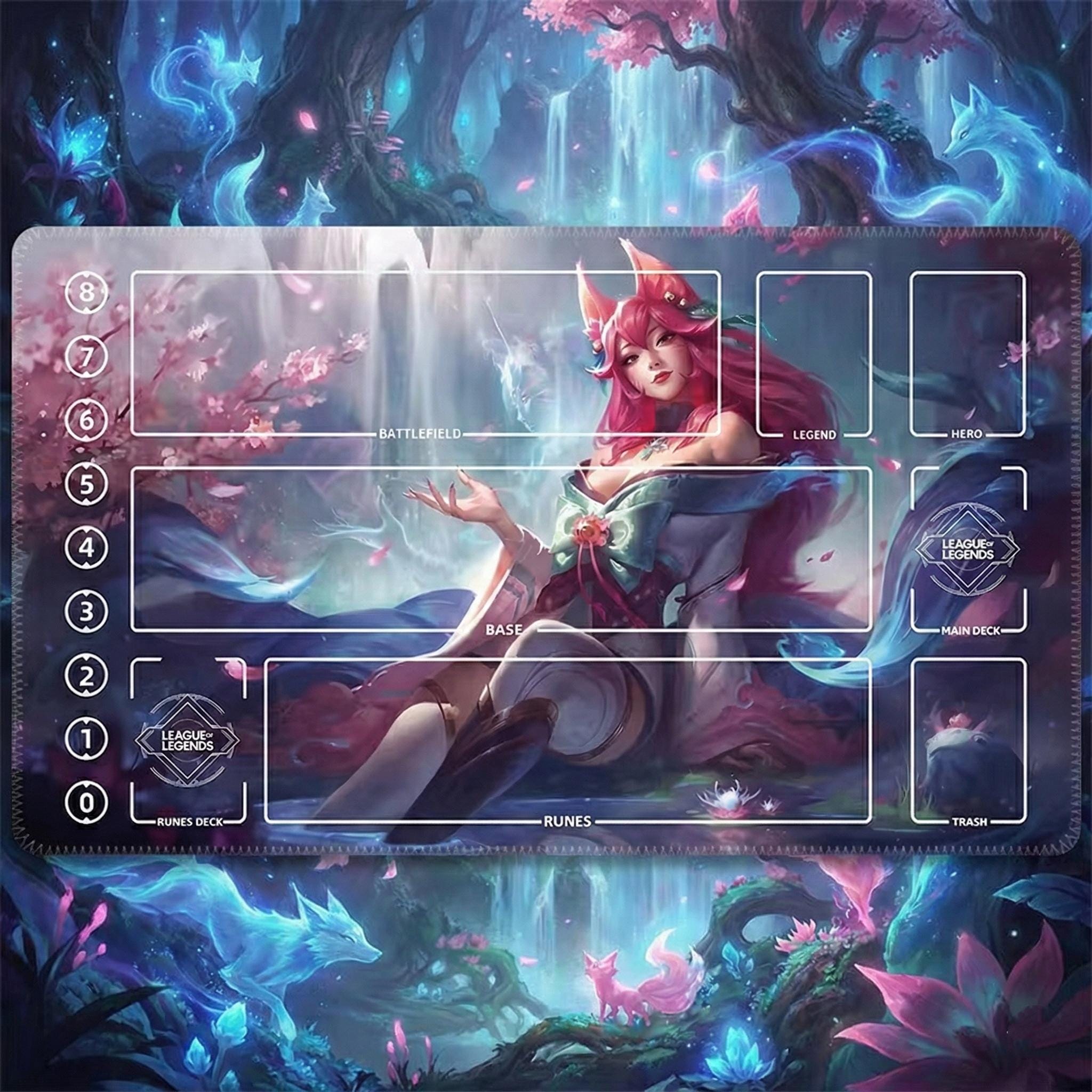 Spirit Blossom Ahri TCG Riftbound Playmat | League of Legends Card Game Mat with Zones | Anime Fox Girl Art | 24x14" inches Stitched Edges