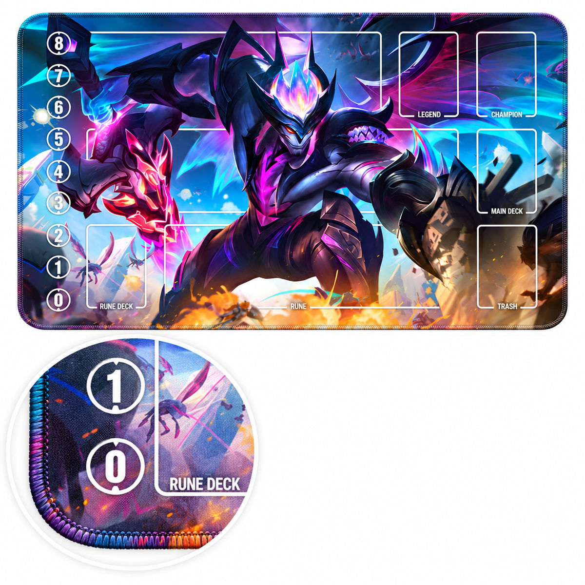 Dragonmancer Aatrox Riftbound TCG playmat — artwork-colored stitched-edge close-up