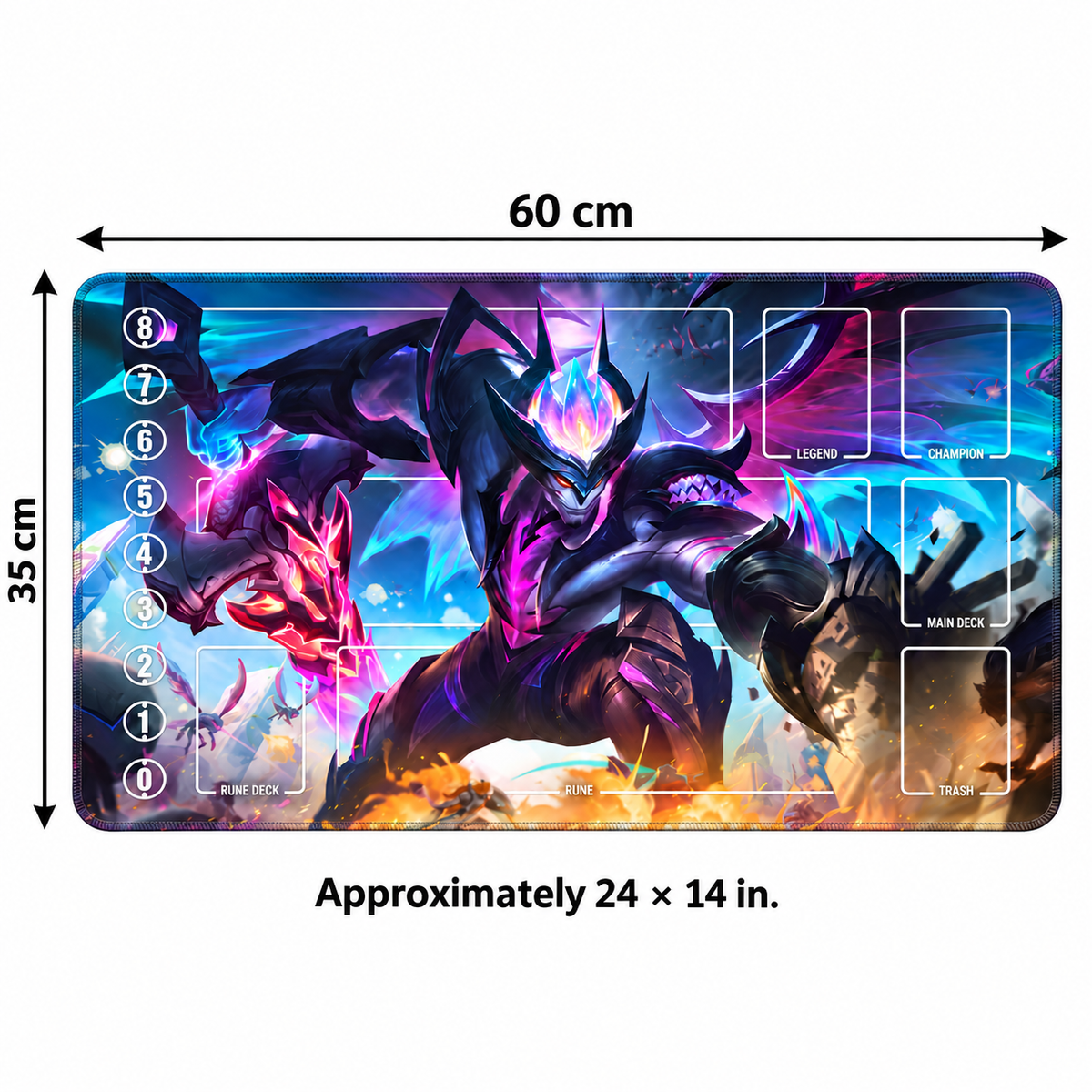 Dragonmancer Aatrox Riftbound TCG playmat — 60 × 35 cm dimensions, approximately 24 × 14 inches