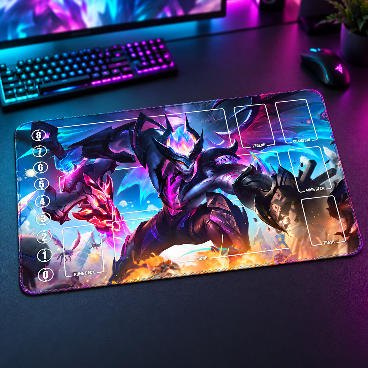 Dragonmancer Aatrox Riftbound TCG playmat — angled gaming-desk view; accessories are props