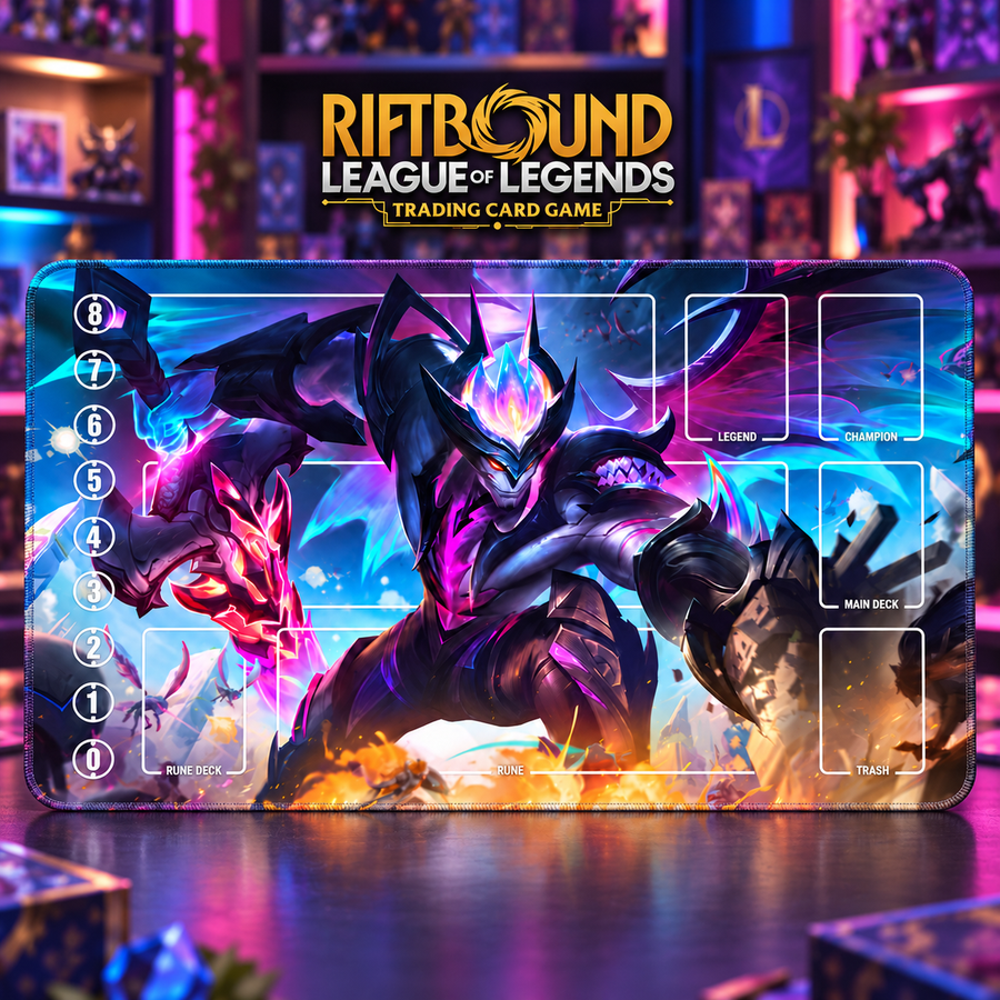 Dragonmancer Aatrox Riftbound TCG playmat — upright centered hero with gold Riftbound game header