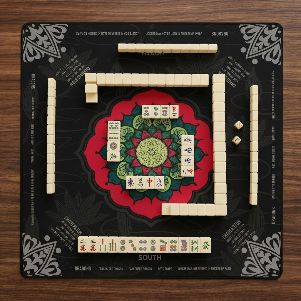 Lotus Flower Mahjong Mat with Instructions | NMJL Play Mat with Charleston Rules | Mahjong Accessories Playmat
