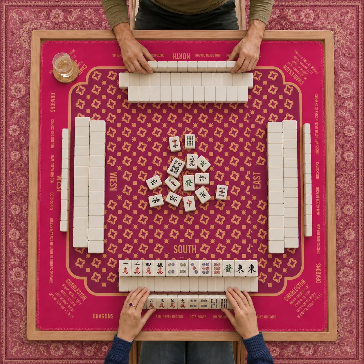 Mahjong Mat with Instructions, Classic Board Game Table Mat with Charleston Rules, Non-Slip Noise Reduction Playing Surface