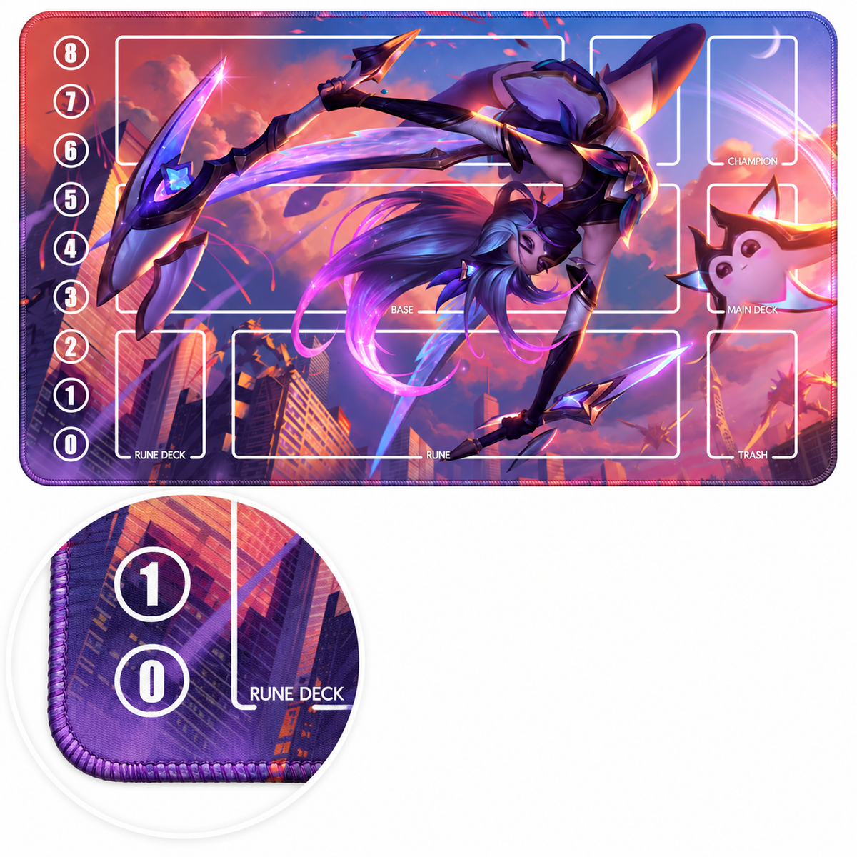 Star Guardian Akali Riftbound TCG playmat — artwork-colored stitched-edge close-up