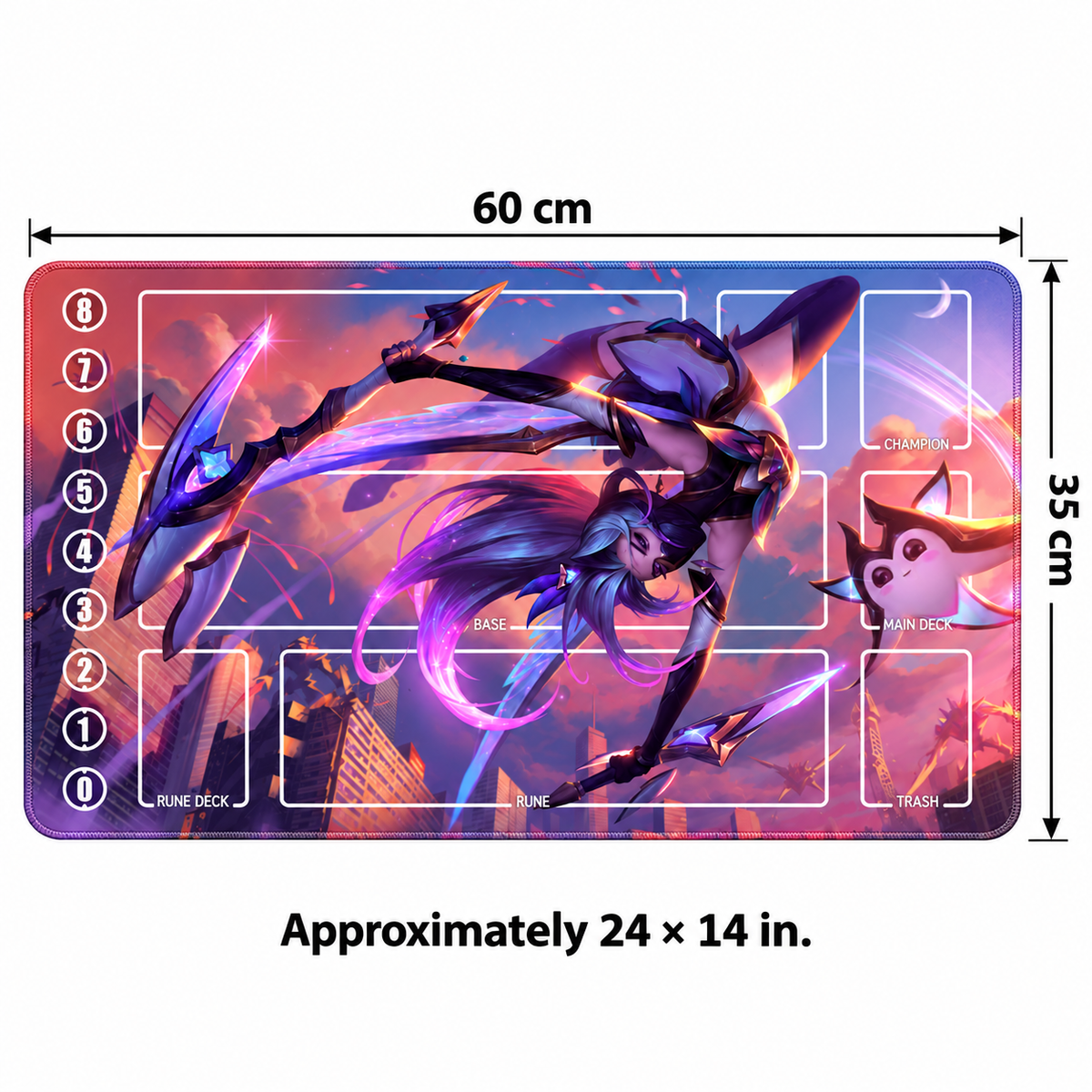 Star Guardian Akali Riftbound TCG playmat — 60 × 35 cm dimensions, approximately 24 × 14 inches