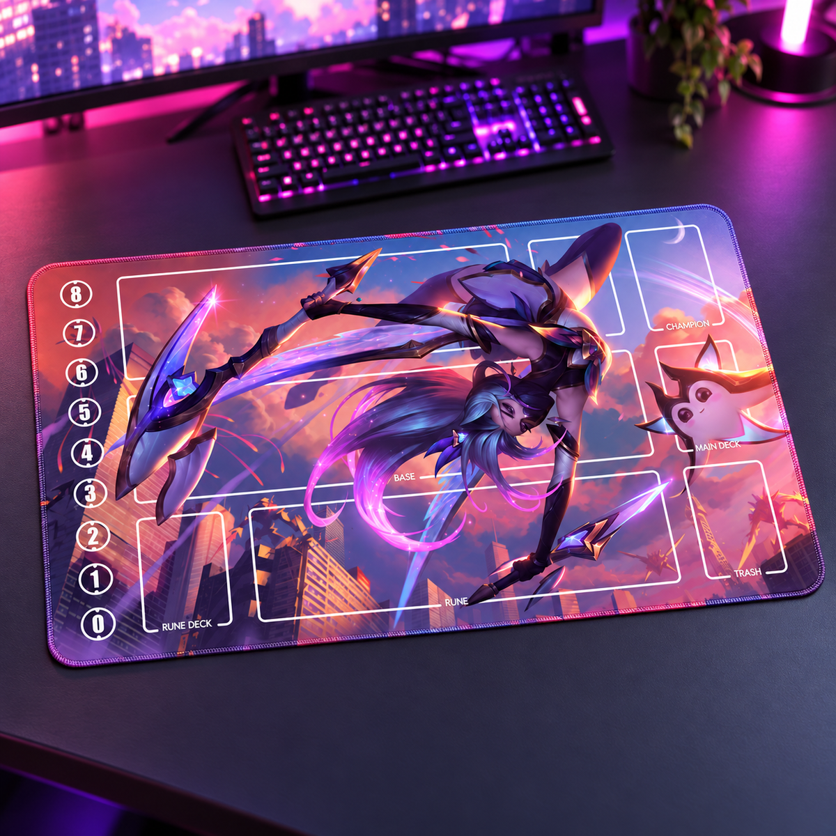 Star Guardian Akali Riftbound TCG playmat — angled gaming-desk view; accessories are props