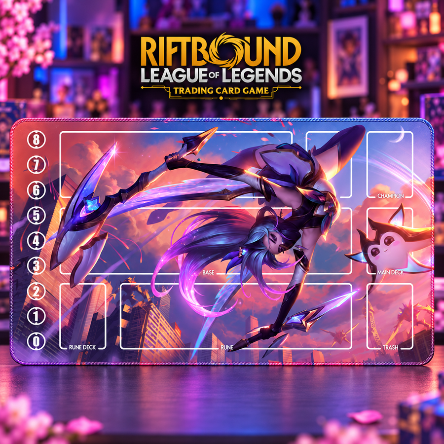 Star Guardian Akali Riftbound TCG playmat — upright centered hero with gold Riftbound game header
