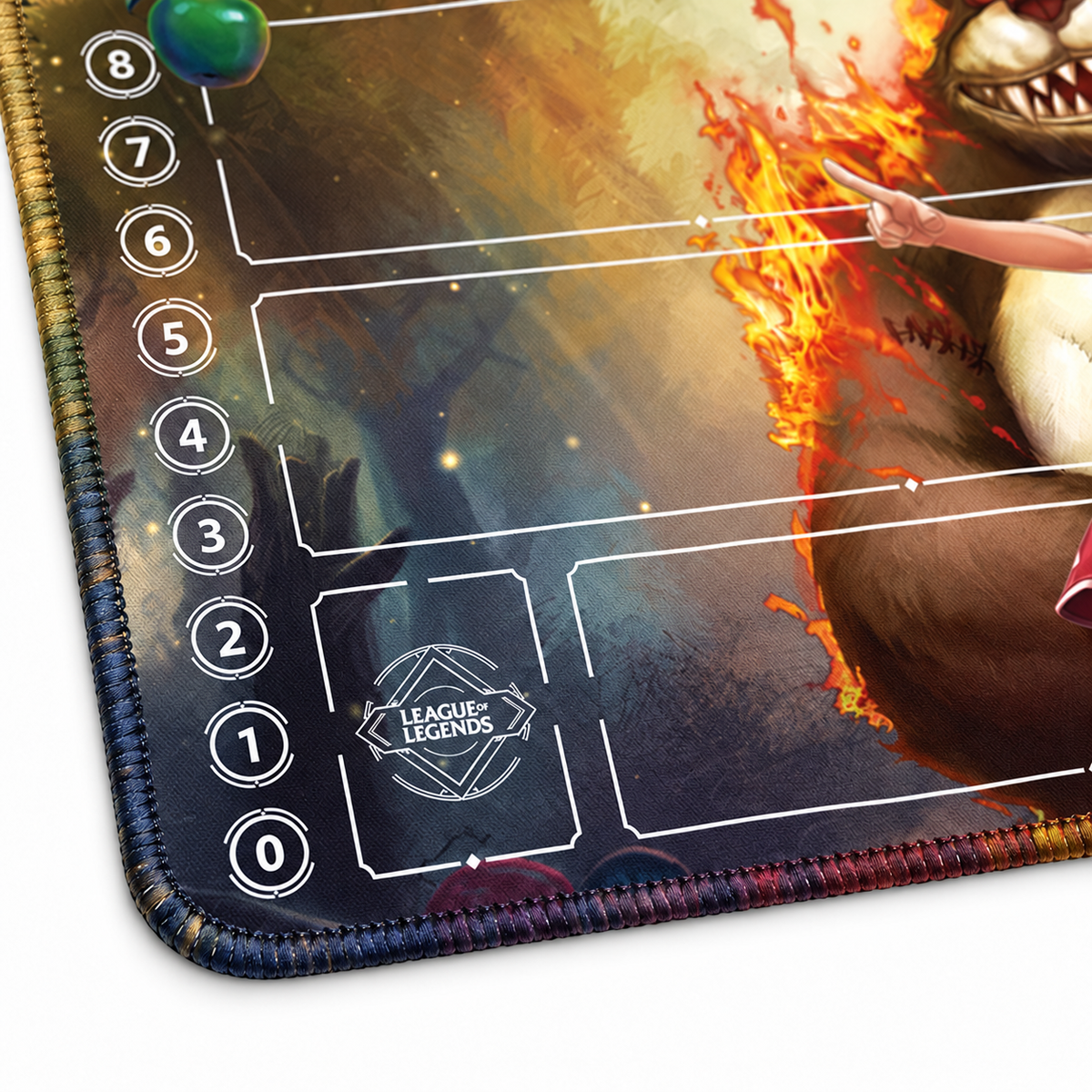 Close-up of artwork-matched stitched edging on Annie playmat