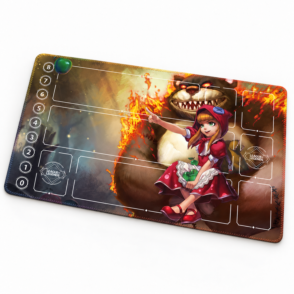 Angled Annie and Tibbers playmat with artwork-matched stitched edges