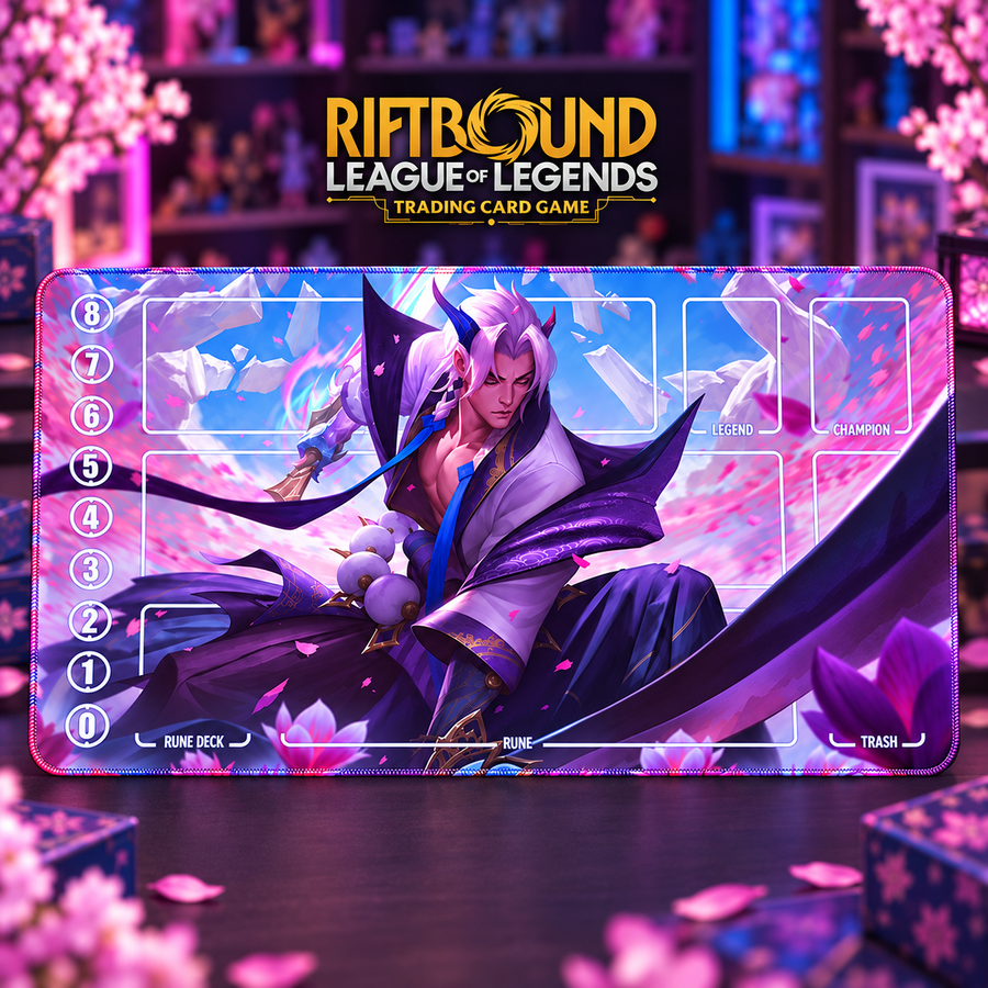 Spirit Blossom Aphelios Riftbound TCG playmat — centered upright hero with gold Riftbound, League of Legends and Trading Card Game header