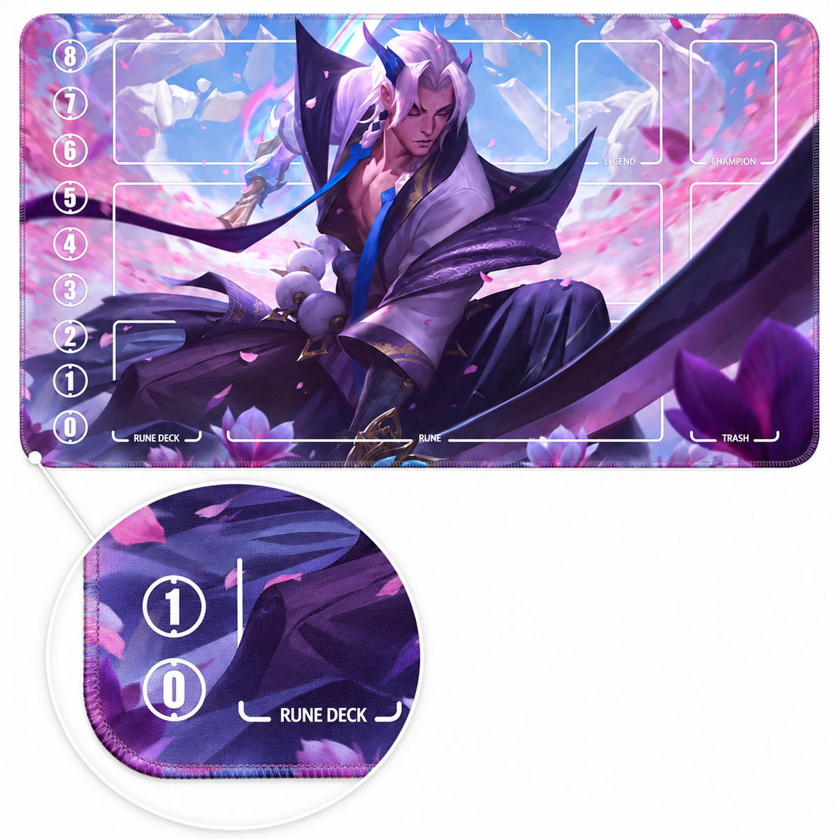 Spirit Blossom Aphelios Riftbound TCG playmat — artwork-colored stitched-edge detail