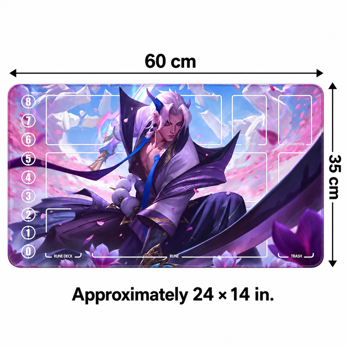 Spirit Blossom Aphelios Riftbound TCG playmat — 60 × 35 cm dimensions, approximately 24 × 14 inches