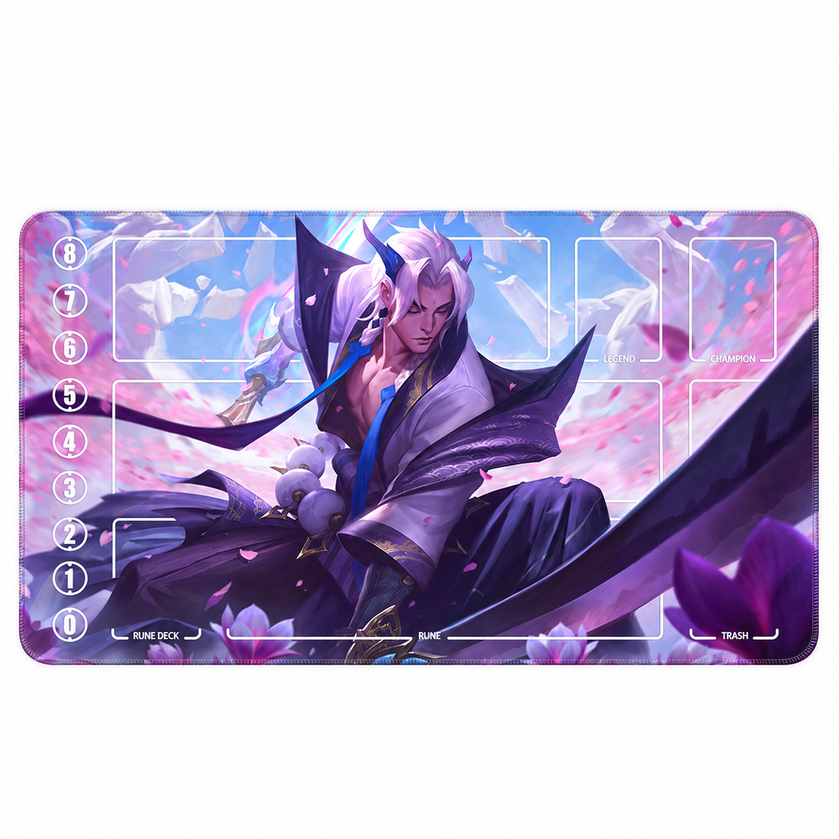 Spirit Blossom Aphelios Riftbound TCG playmat — full Zone design on white