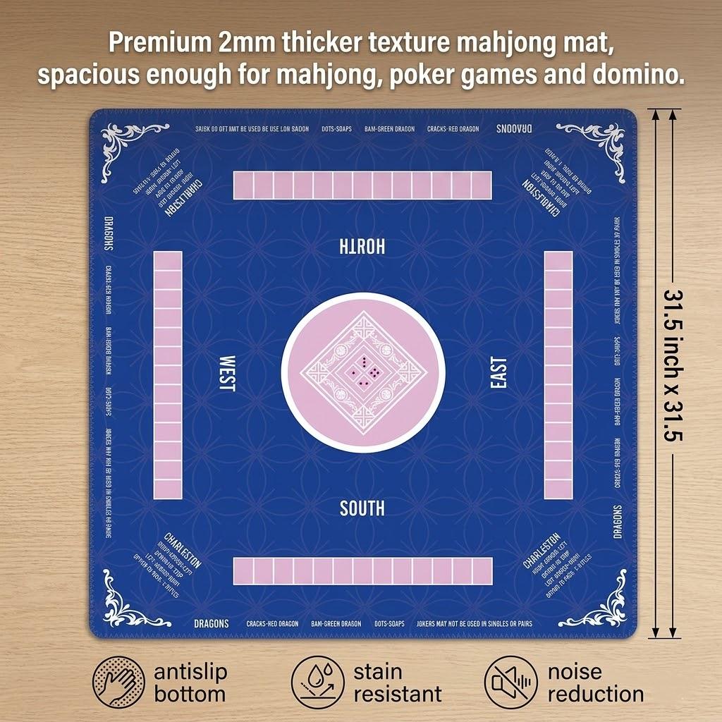 Modern Navy Blue Mahjong Mat with Charleston Rules