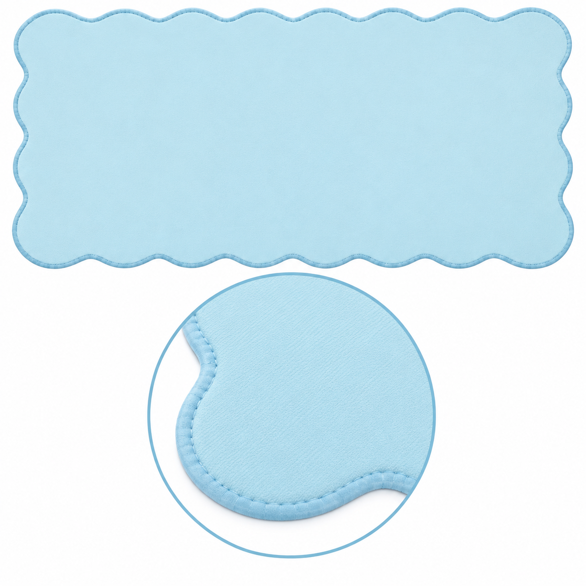 The Baby Blues Wave Pad scalloped desk mat — matching stitched-edge close-up