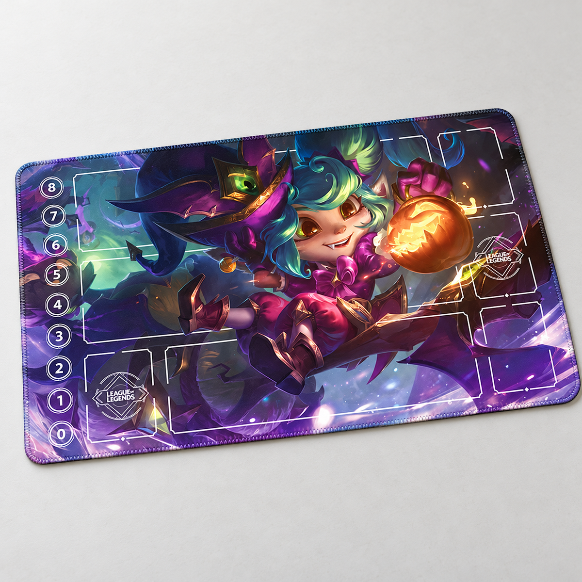Bewitching Lulu Riftbound playmat angled view with artwork-matched stitched edges
