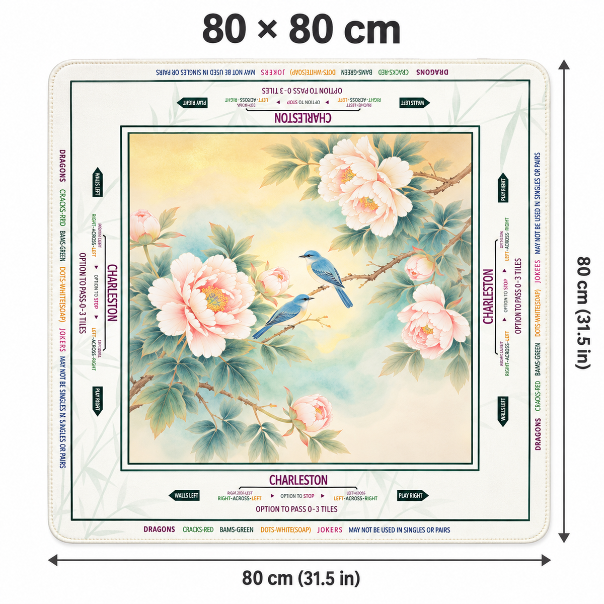 Bird of Paradise mahjong mat dimensions: 80 x 80 cm, approximately 31.5 x 31.5 inches