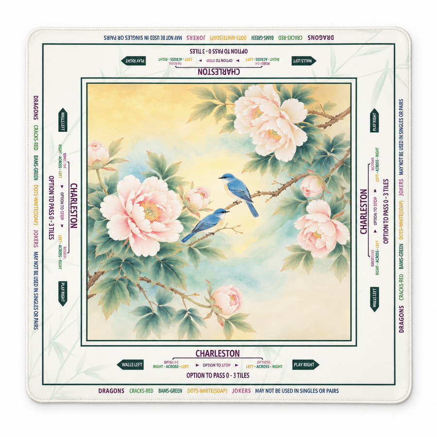 Bird of Paradise mahjong mat with blue birds, peonies and artwork-colored stitched edges
